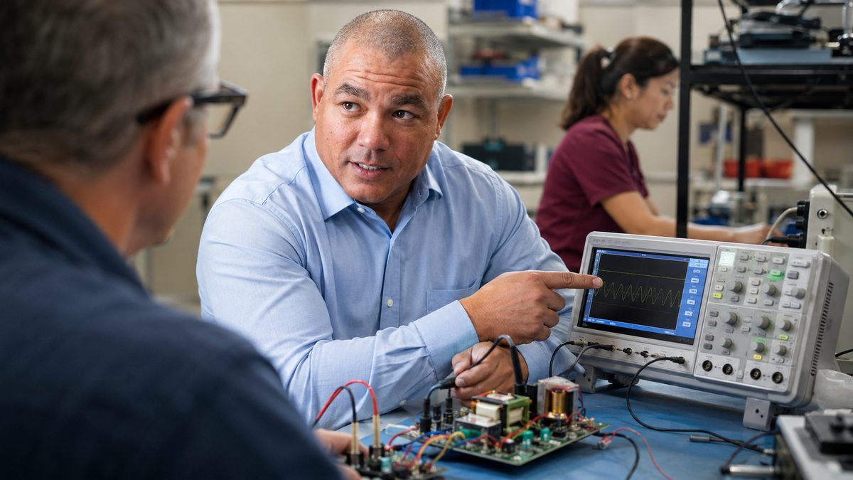 Biomedical instructor demonstrates oscilloscope on training circuit Biomedical instructor demonstrates oscilloscope on training circuit