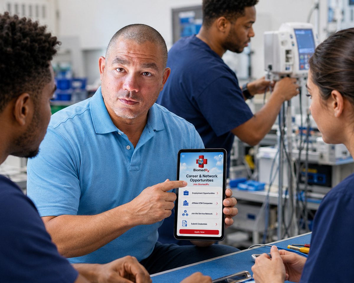 Biomedical technician showing the BiomedRx app career and network screen to colleagues at a shop workbench Biomedical technician showing the BiomedRx app career and network screen to colleagues at a shop workbench