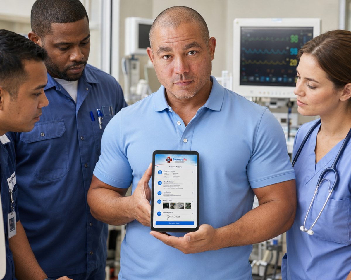 Biomedical technician reviewing the BiomedRx app with a clinician beside patient monitoring equipment Biomedical technician reviewing the BiomedRx app with a clinician beside patient monitoring equipment