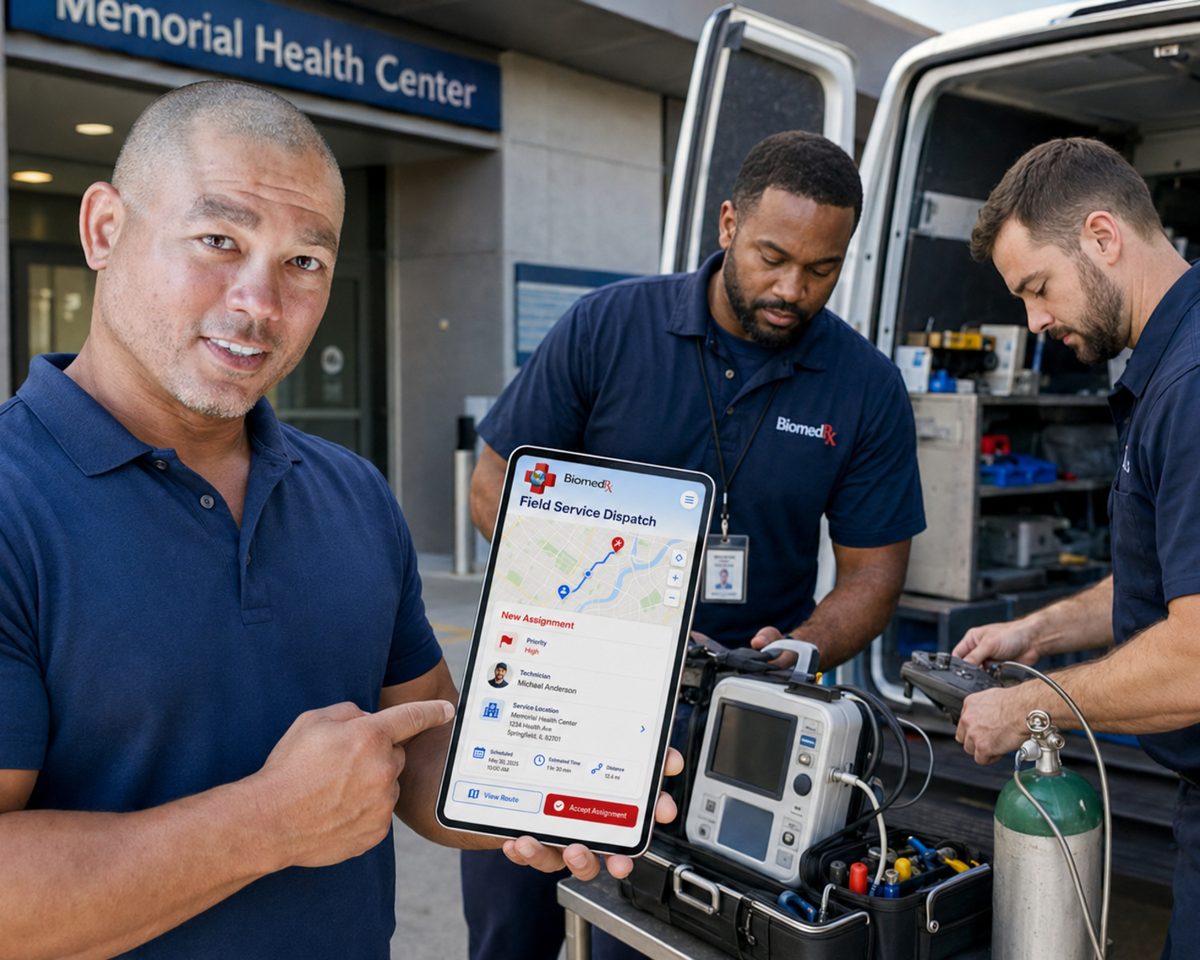 Technician holding the BiomedRx app field service dispatch screen outside a health center while colleagues load a service van Technician holding the BiomedRx app field service dispatch screen outside a health center while colleagues load a service van