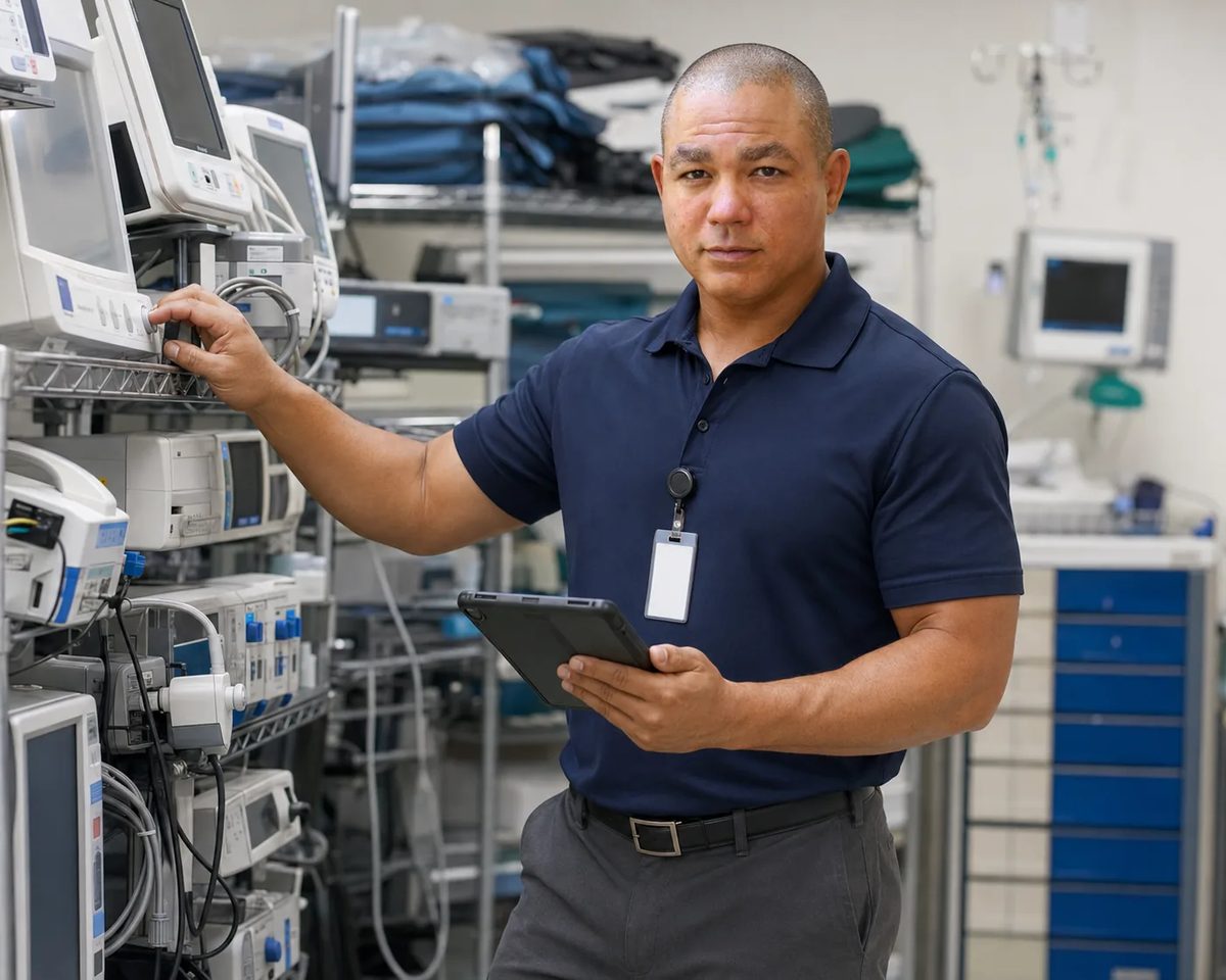 Biomedical equipment technician with a tablet auditing a rack of patient monitors in equipment storage Biomedical equipment technician with a tablet auditing a rack of patient monitors in equipment storage