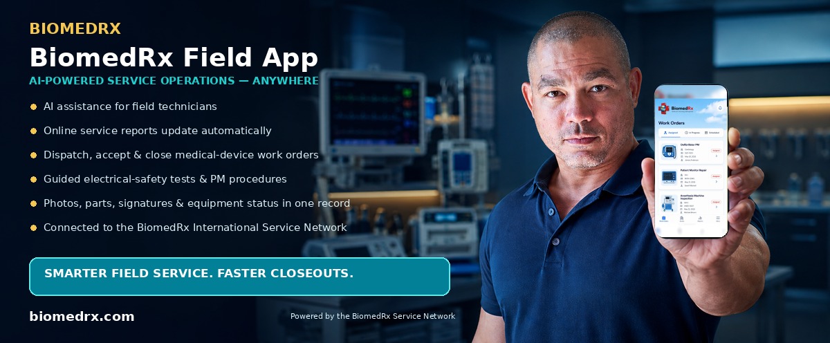 BiomedRx Field App — AI-powered field-service mobile app: automatic online service reports, work-order dispatch, and closeout