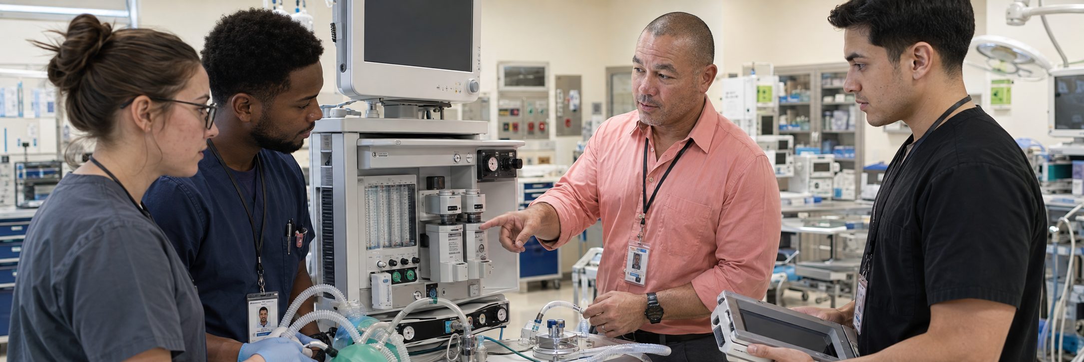 Anesthesia machine service training for biomedical technicians | BiomedRx Biomedical equipment technicians training on anesthesia machine service procedures