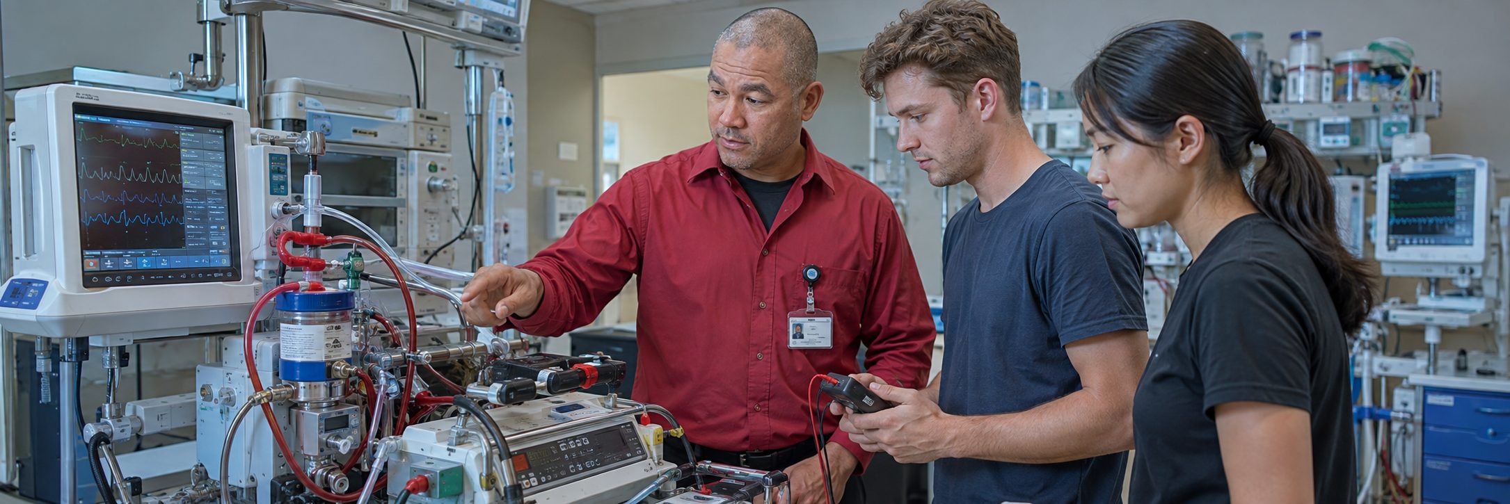 Biomedical equipment repair and bench calibration | BiomedRx HTM services Biomedical equipment repair shop bench calibration with an electrical safety analyzer