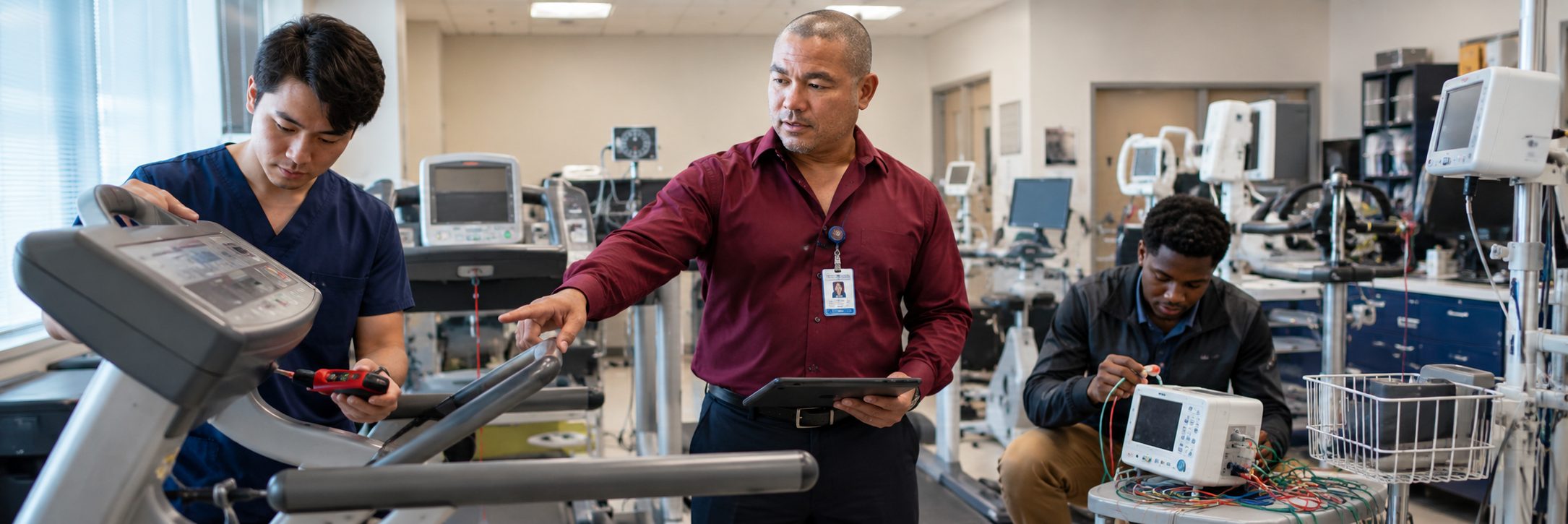 Biomedical equipment repair and bench calibration | BiomedRx HTM services Biomedical equipment repair shop bench calibration with an electrical safety analyzer