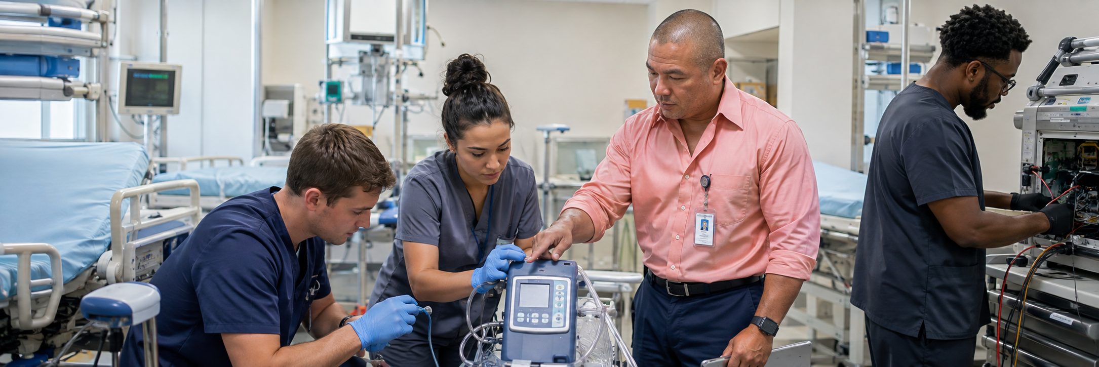 Infusion pump preventive maintenance and calibration | BiomedRx HTM services Biomedical technicians performing infusion pump preventive maintenance in an infusion suite
