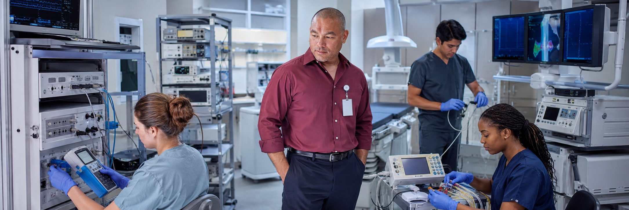 Operating room surgical light inspection and service | BiomedRx HTM services HTM technicians inspecting operating room surgical lights during scheduled service