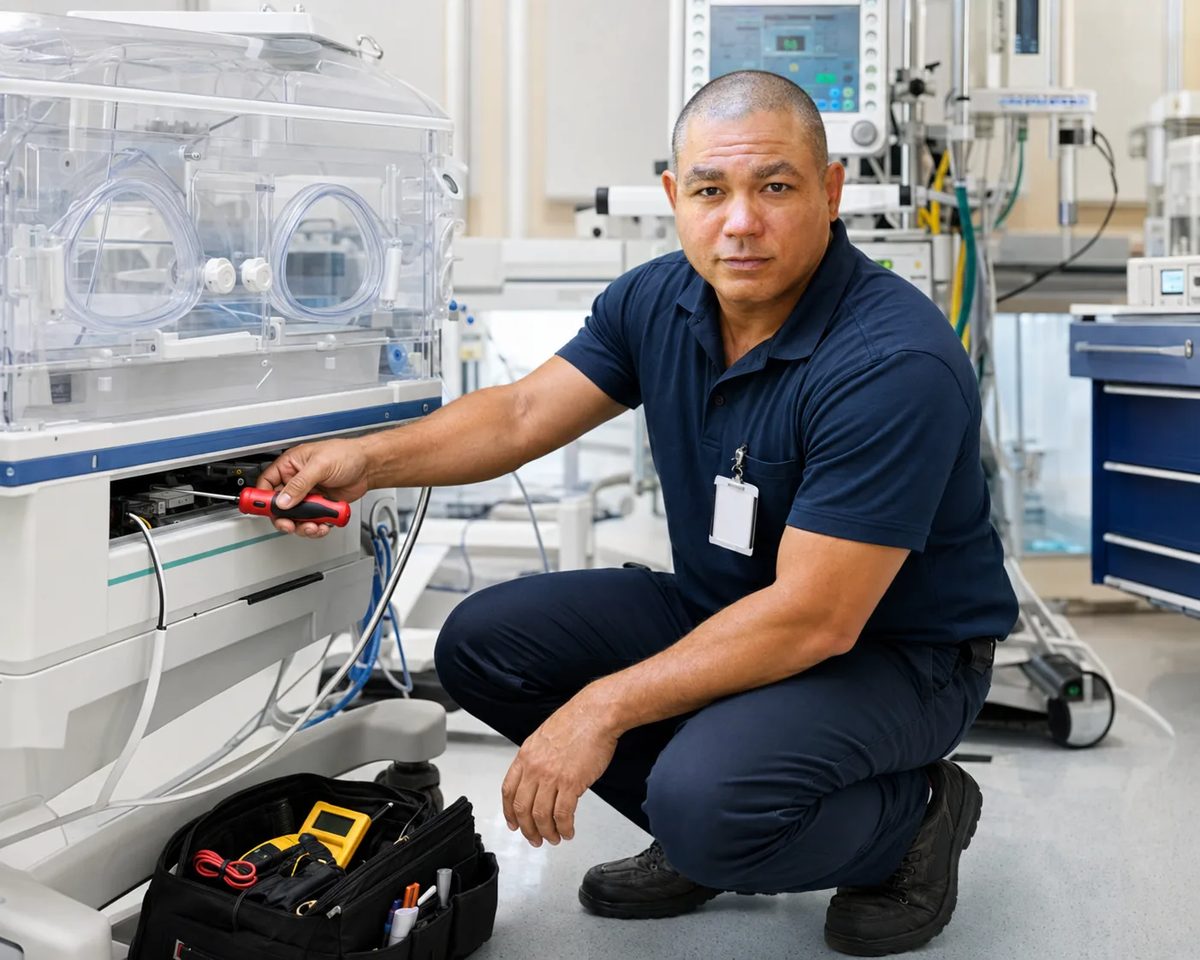 Biomedical equipment technician kneeling at an infant incubator performing preventive maintenance with an open tool bag Biomedical equipment technician kneeling at an infant incubator performing preventive maintenance with an open tool bag
