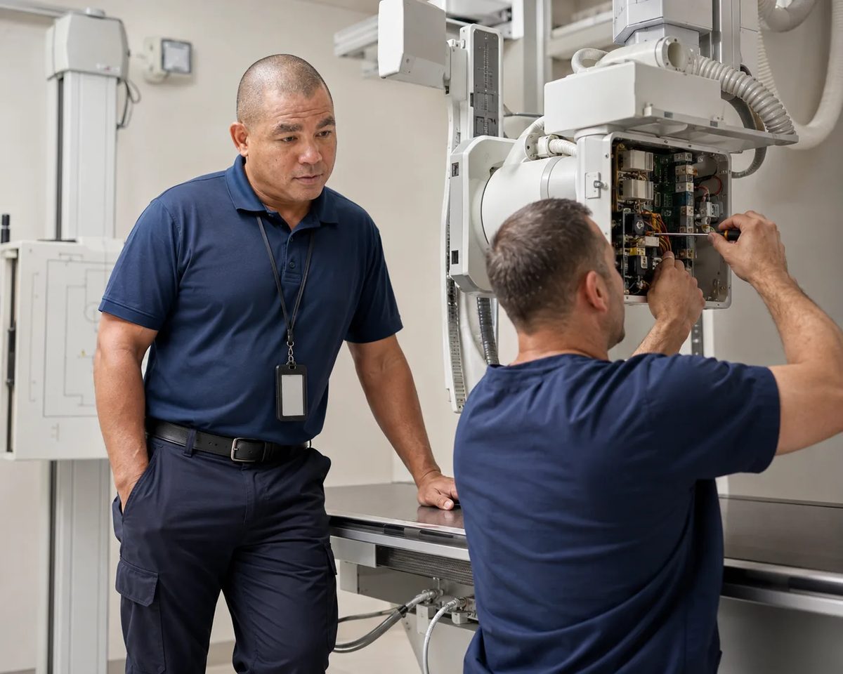 Two biomedical technicians servicing the opened tube-head assembly of a radiographic X-ray system Two biomedical technicians servicing the opened tube-head assembly of a radiographic X-ray system