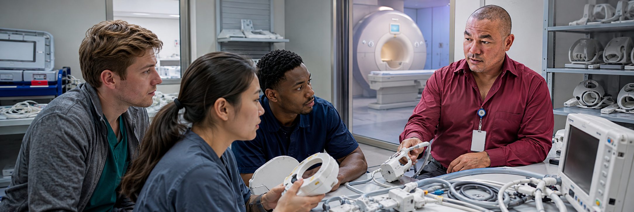 Operating room surgical light inspection and service | BiomedRx HTM services HTM technicians inspecting operating room surgical lights during scheduled service